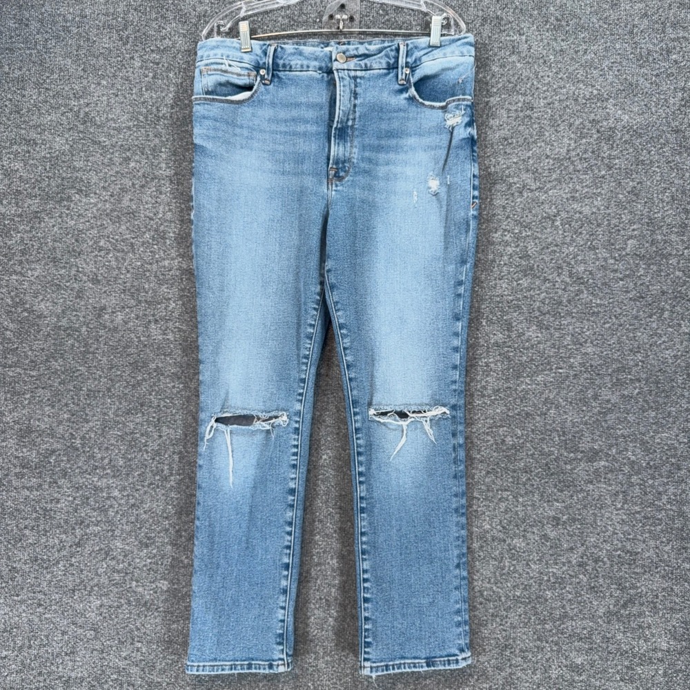 Good American Straight Leg Jeans Women 14 Blue Distressed Plus Size Denim